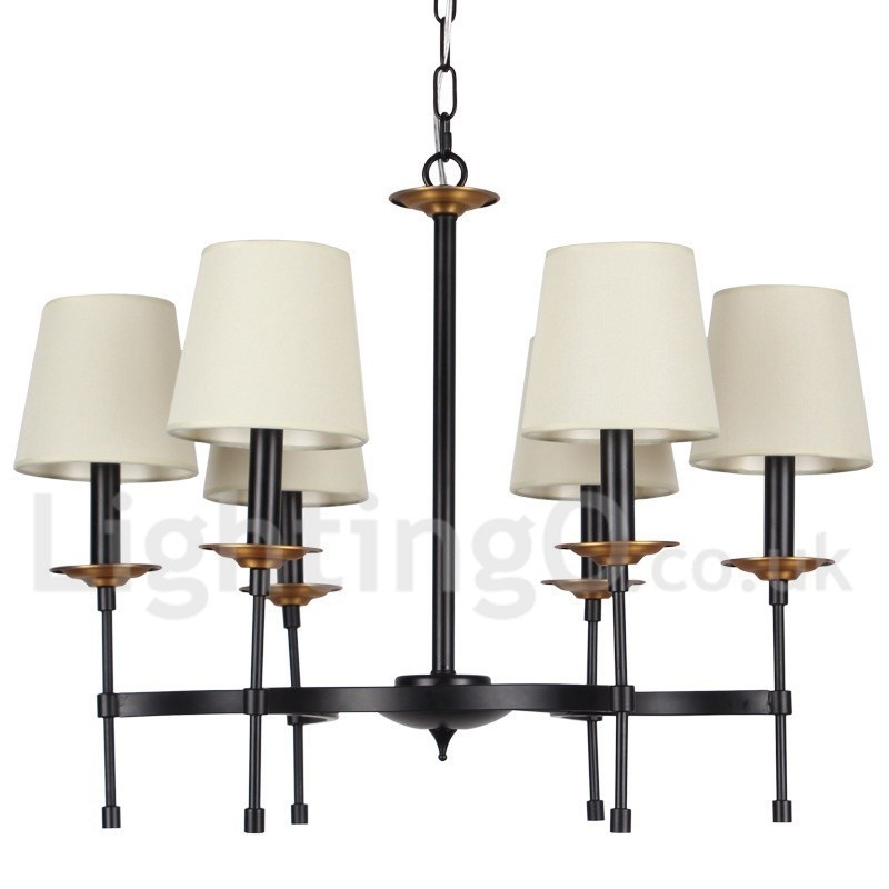 Lampadario retrò/vintage nero a 6 luci stile candela con paralumi in tessuto