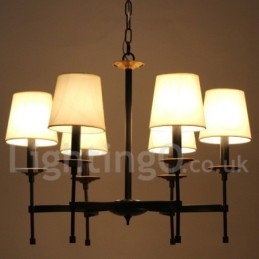 Lampadario retrò/vintage nero a 6 luci stile candela con paralumi in tessuto
