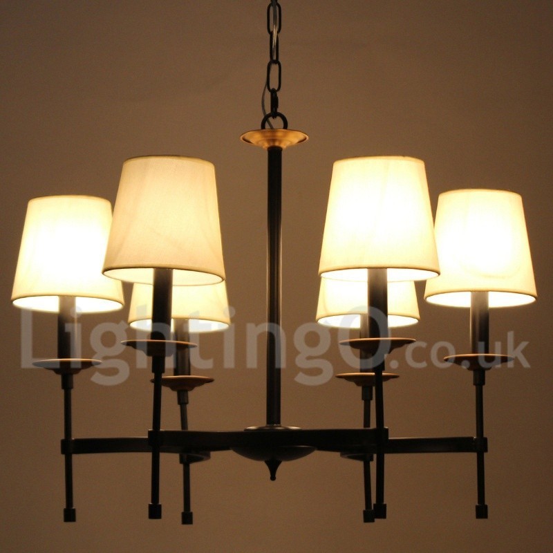 Lampadario retrò/vintage nero a 6 luci stile candela con paralumi in tessuto
