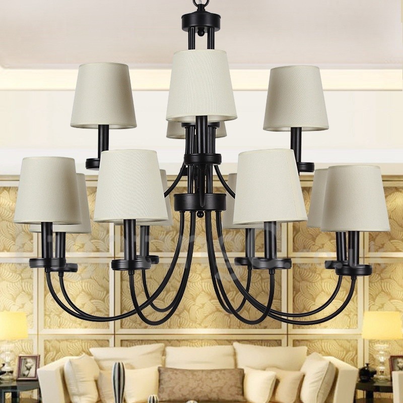 Lampadario rustico retrò nero a 2 livelli stile candela, 12 luci