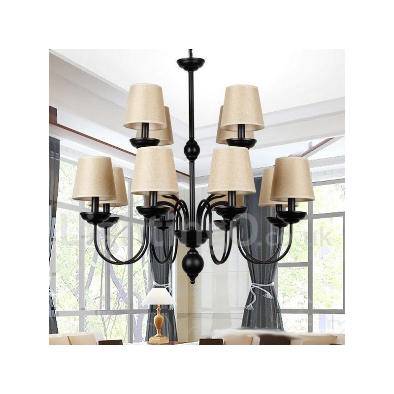 Lampadario rustico vintage a 2 livelli, 12 luci, paralumi in tessuto, attacco E14