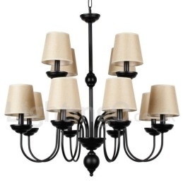 Lampadario rustico vintage a 2 livelli, 12 luci, paralumi in tessuto, attacco E14