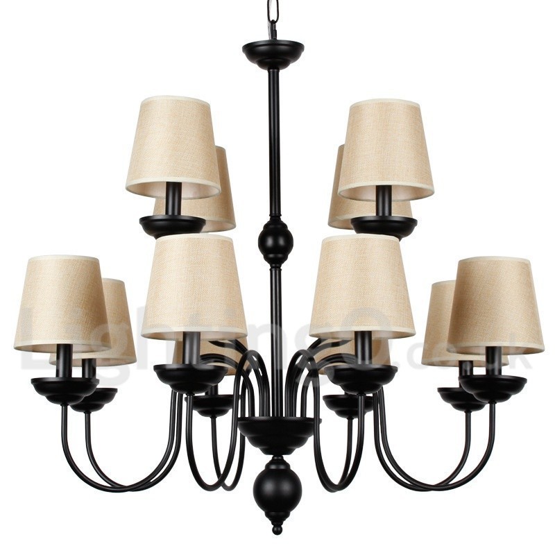 Lampadario rustico vintage a 2 livelli, 12 luci, paralumi in tessuto, attacco E14