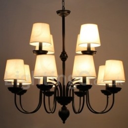 Lampadario rustico vintage a 2 livelli, 12 luci, paralumi in tessuto, attacco E14