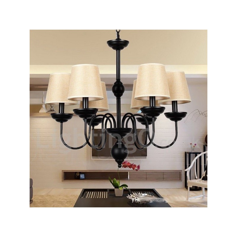 Lampadario rustico retrò contemporaneo a 6 luci con paralumi in tessuto