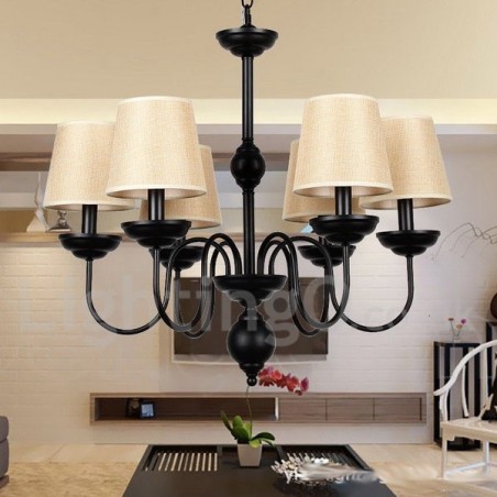 Lampadario rustico retrò contemporaneo a 6 luci con paralumi in tessuto