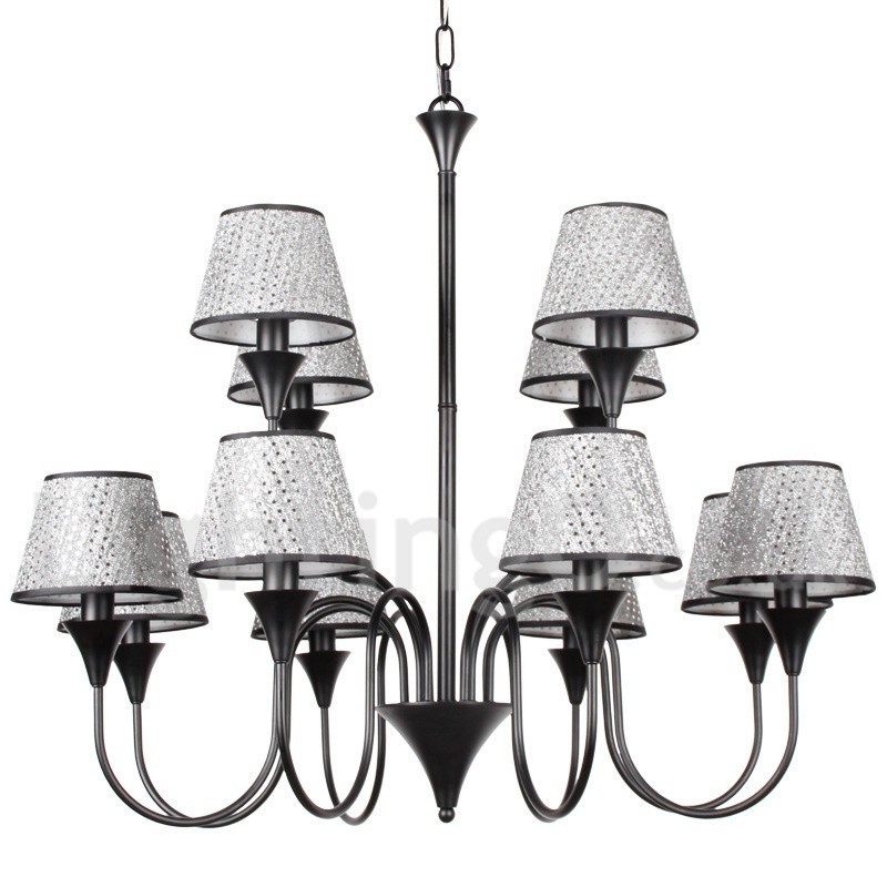 Lampadario rustico moderno nero a 12 luci con paralumi in tessuto