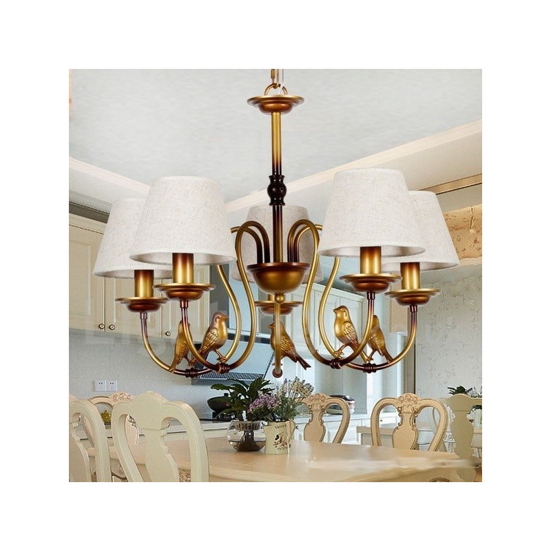 Lampadario rustico retrò contemporaneo a 5 luci con paralumi in tessuto E14