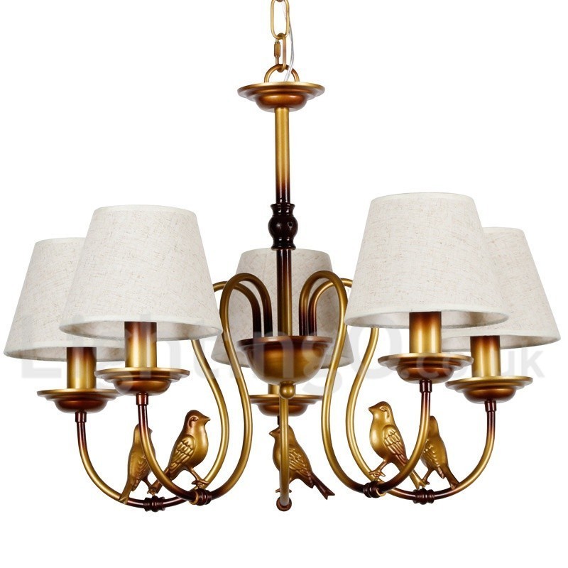 Lampadario rustico retrò contemporaneo a 5 luci con paralumi in tessuto E14