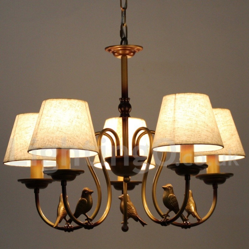 Lampadario rustico retrò contemporaneo a 5 luci con paralumi in tessuto E14