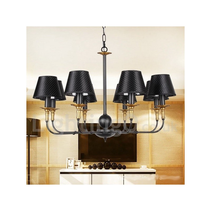 Lampadario rustico retrò a 8 luci con paralumi in tessuto E14