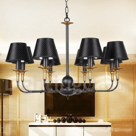 Lampadario rustico retrò a 8 luci con paralumi in tessuto E14