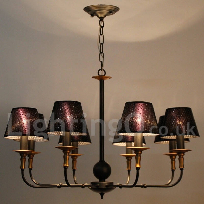 Lampadario rustico retrò a 8 luci con paralumi in tessuto E14