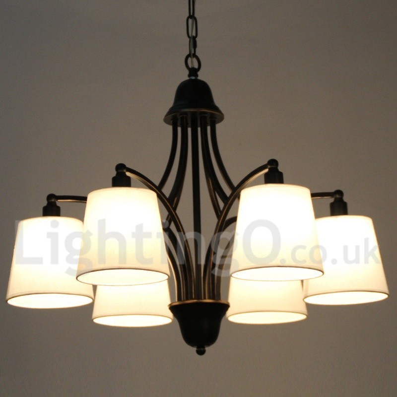 Lampadario rustico retrò a 6 luci E14 con paralumi in tessuto
