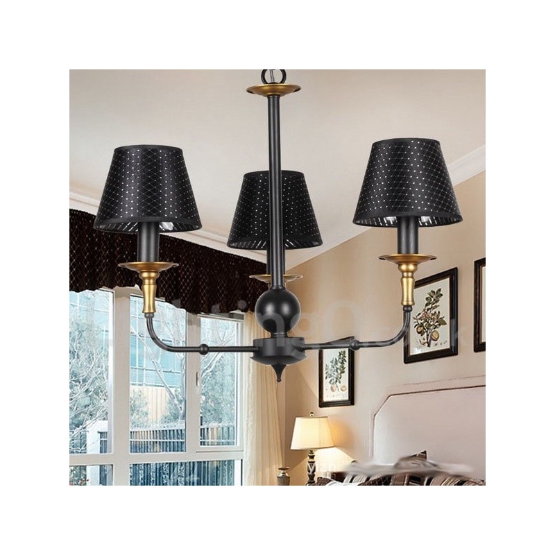 Lampadario rustico retrò a 3 luci con paralumi in tessuto E14