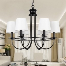 Lampadario a 6 luci retrò-vintage nero in stile candela con paralumi in tessuto, E14