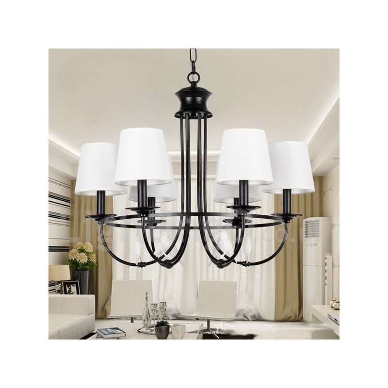 Lampadario a 6 luci retrò-vintage nero in stile candela con paralumi in tessuto, E14