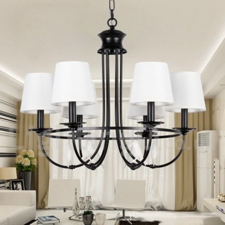 Lampadario a 6 luci retrò-vintage nero in stile candela con paralumi in tessuto, E14