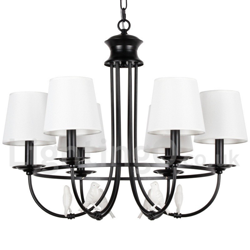 Lampadario a 6 luci retrò-vintage nero in stile candela con paralumi in tessuto, E14