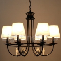 Lampadario a 6 luci retrò-vintage nero in stile candela con paralumi in tessuto, E14