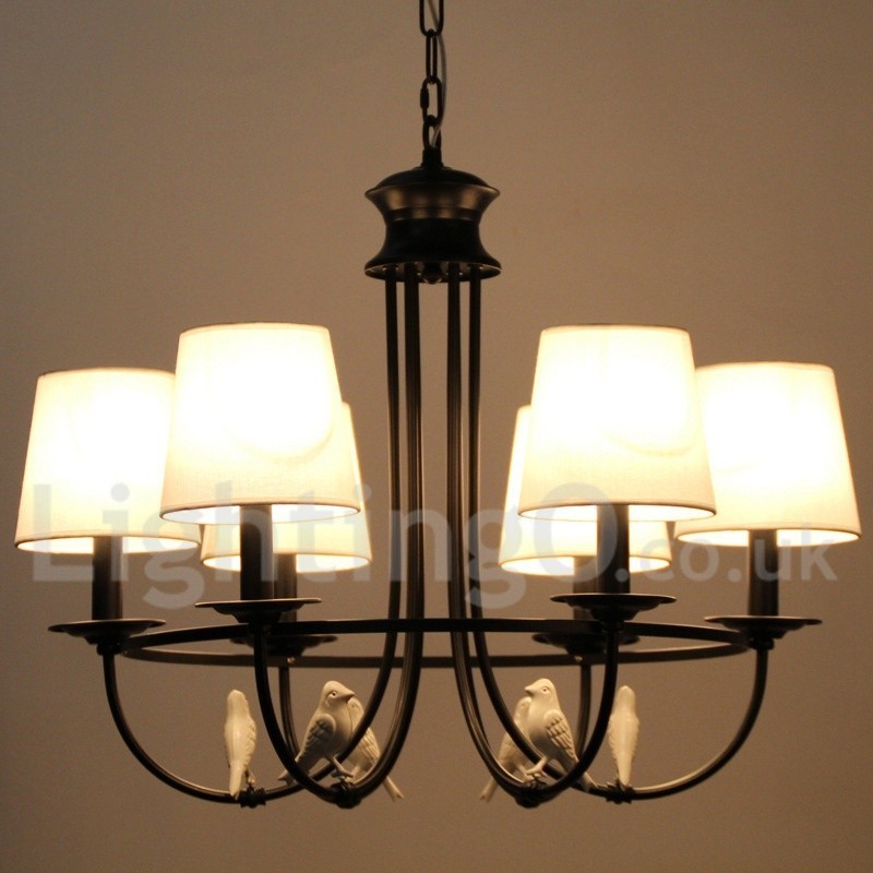Lampadario a 6 luci retrò-vintage nero in stile candela con paralumi in tessuto, E14