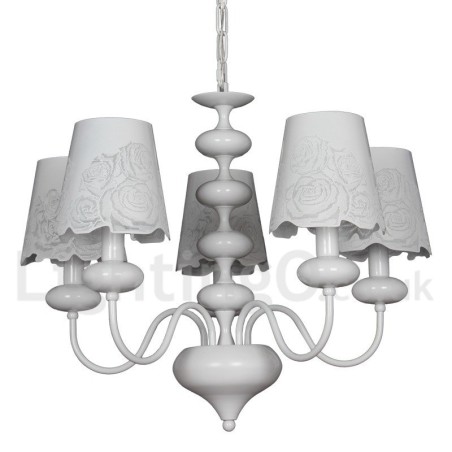 Lampadario moderno contemporaneo bianco a 5 luci stile candela con paralumi in tessuto