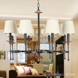 Lampadario retrò rustico nero a 8 luci con paralumi in tessuto