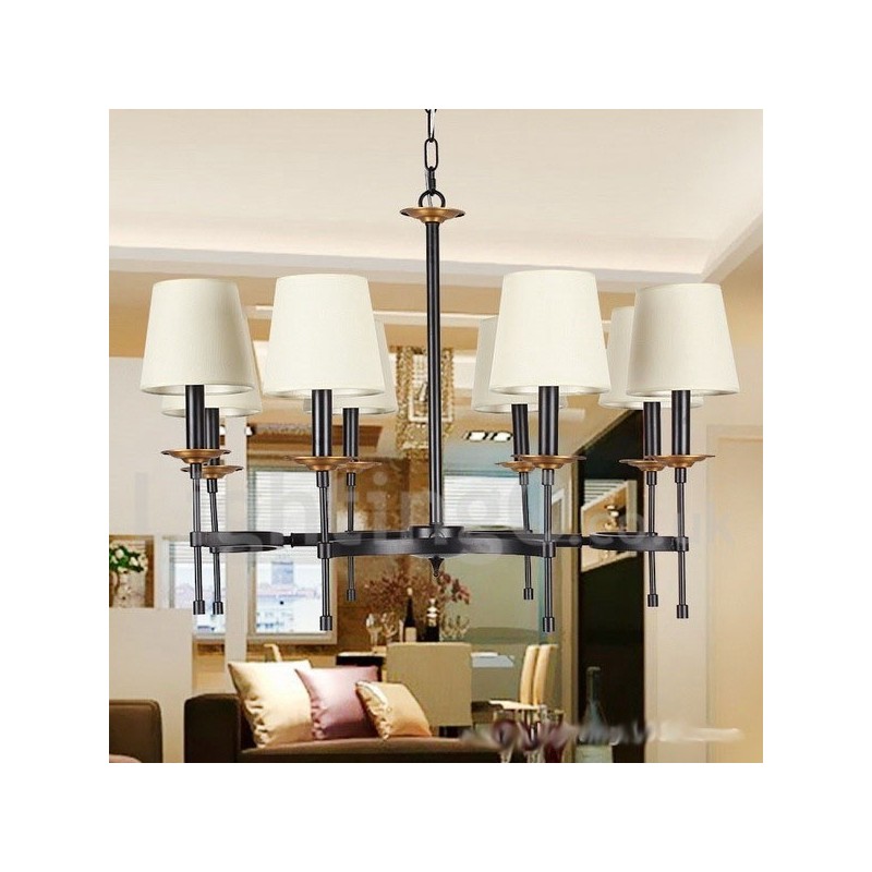 Lampadario retrò rustico nero a 8 luci con paralumi in tessuto