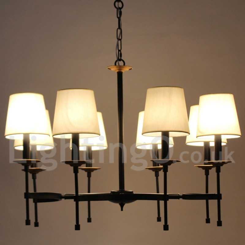 Lampadario retrò rustico nero a 8 luci con paralumi in tessuto