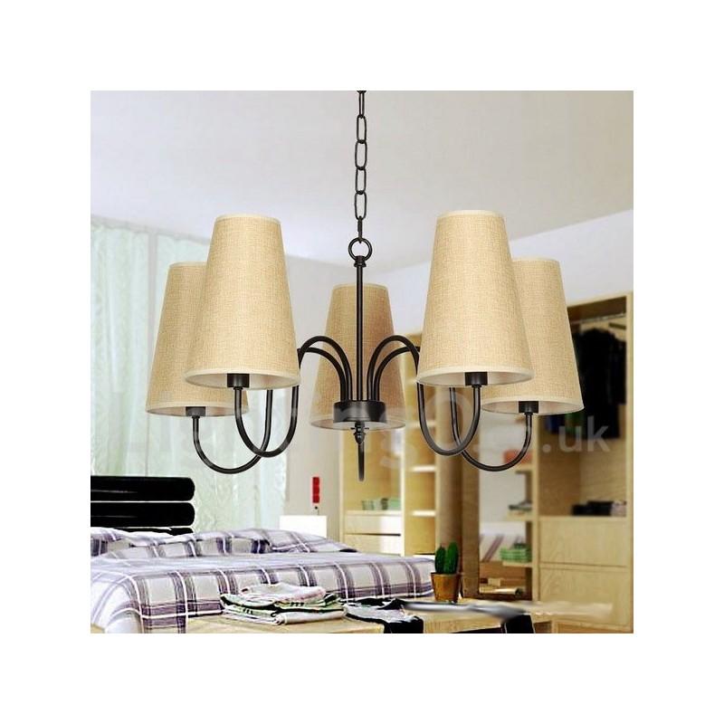 Lampadario a 5 luci a candela retrò vintage con paralumi in tessuto, E14
