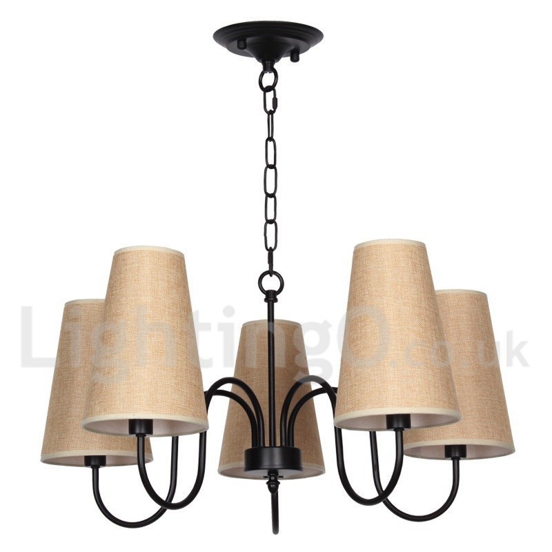 Lampadario a 5 luci a candela retrò vintage con paralumi in tessuto, E14
