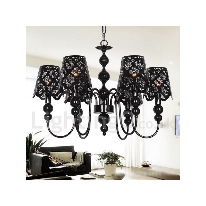 Lampadario moderno contemporaneo a 6 luci stile candela nero con cavo regolabile