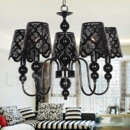 Lampadario moderno contemporaneo a 5 luci stile candela nero con paralumi in tessuto