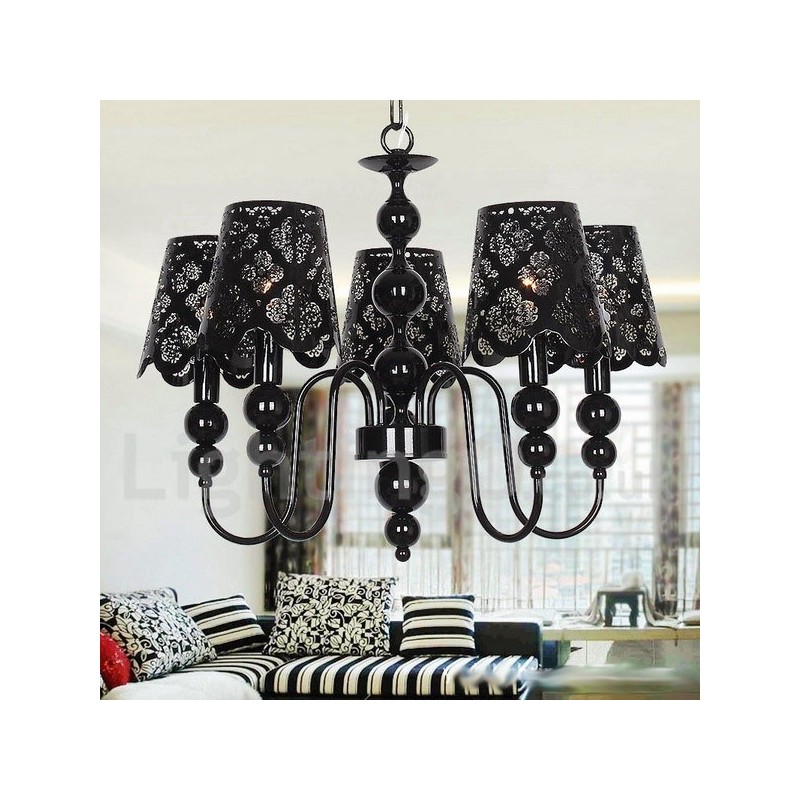 Lampadario moderno contemporaneo a 5 luci stile candela nero con paralumi in tessuto