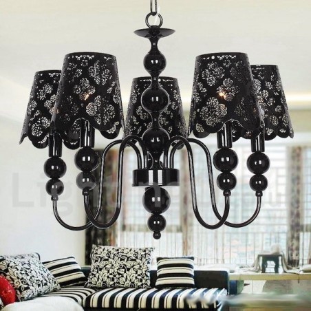 Lampadario moderno contemporaneo a 5 luci stile candela nero con paralumi in tessuto