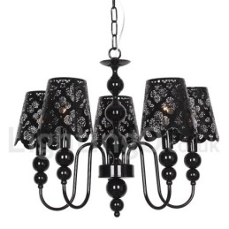 Lampadario moderno contemporaneo a 5 luci stile candela nero con paralumi in tessuto