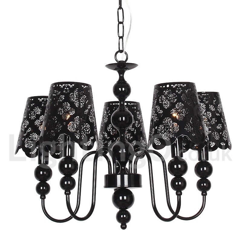 Lampadario moderno contemporaneo a 5 luci stile candela nero con paralumi in tessuto