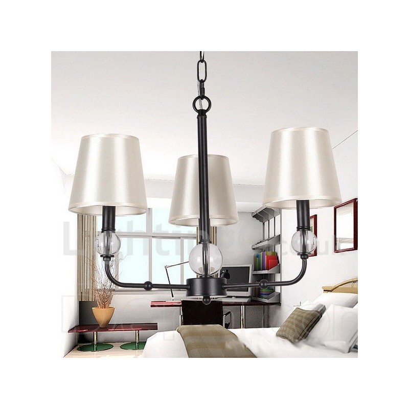 Lampadario a 3 luci stile candela moderno nero con paralumi in tessuto E14