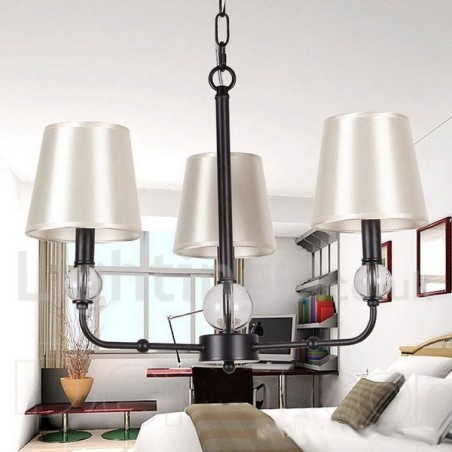 Lampadario a 3 luci stile candela moderno nero con paralumi in tessuto E14