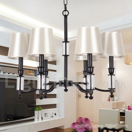 Lampadario a 6 luci in stile candela retrò nero con paralumi in tessuto