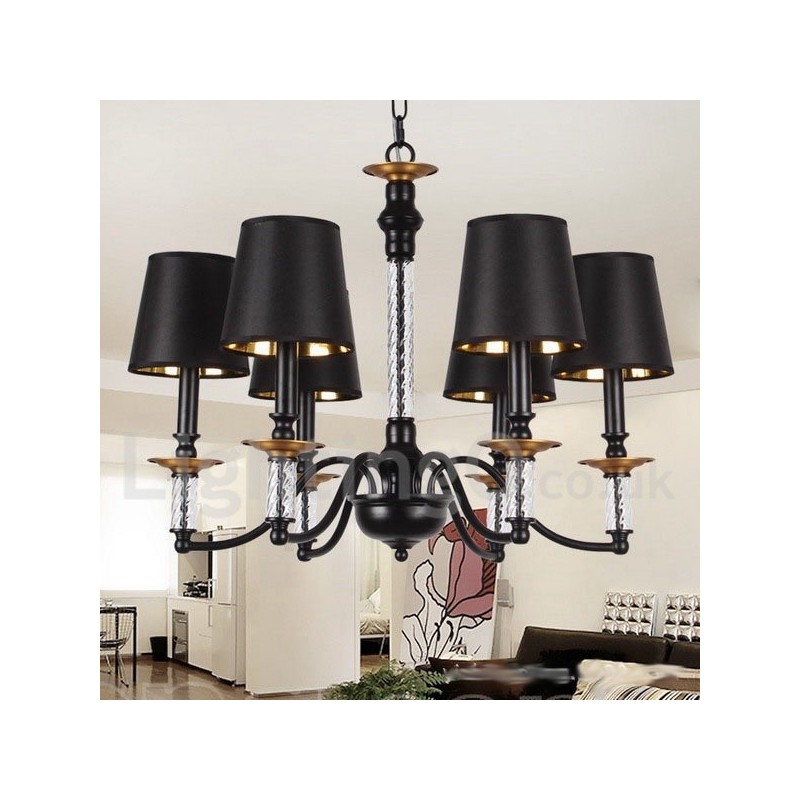 Lampadario rétro nero a 6 luci a candela con paralumi in tessuto E14