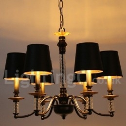 Lampadario rétro nero a 6 luci a candela con paralumi in tessuto E14