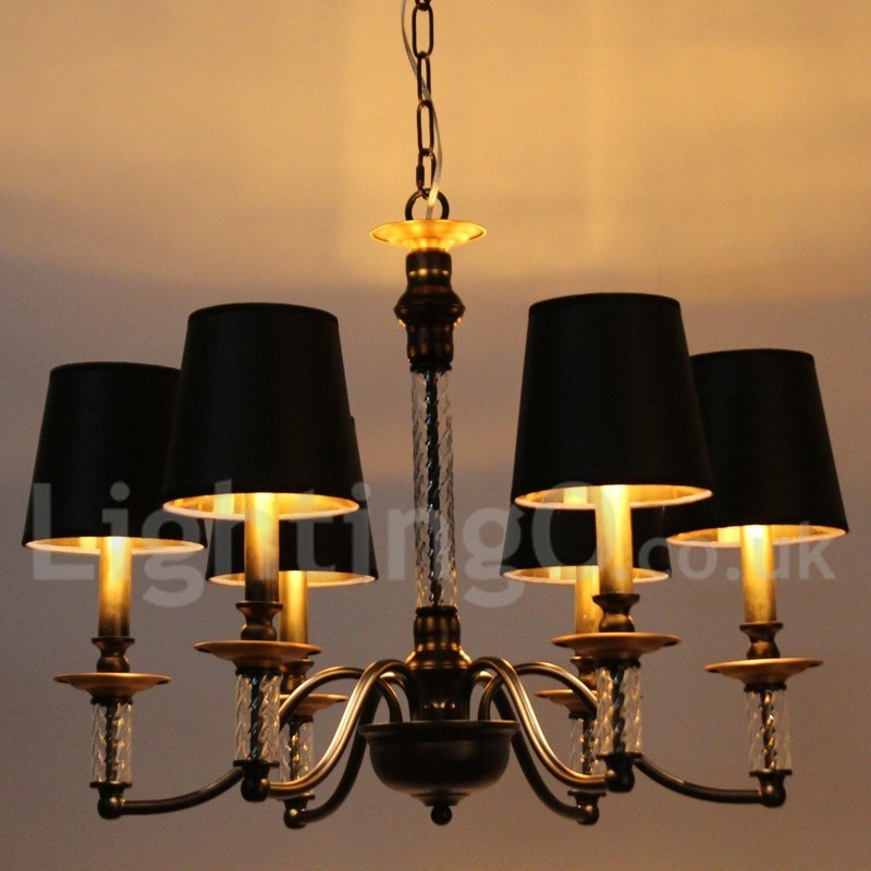 Lampadario rétro nero a 6 luci a candela con paralumi in tessuto E14