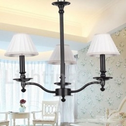 Lampadario a candela a 3 luci nero vintage con paralumi in tessuto