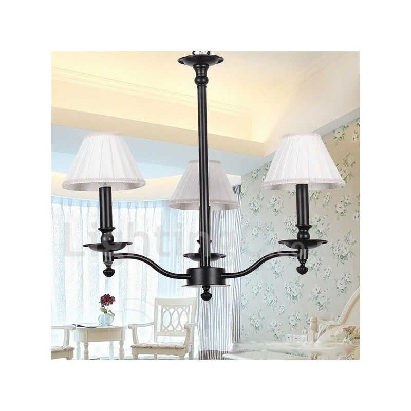 Lampadario a candela a 3 luci nero vintage con paralumi in tessuto