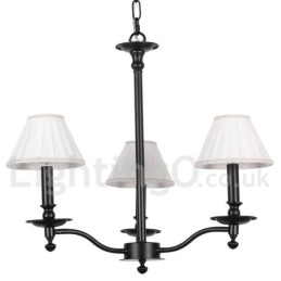 Lampadario a candela a 3 luci nero vintage con paralumi in tessuto