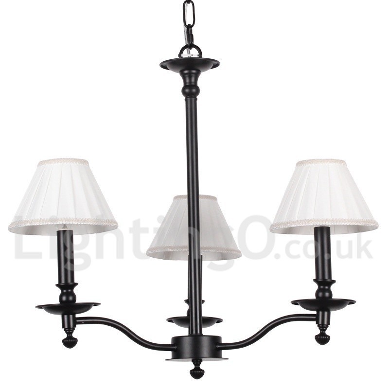 Lampadario a candela a 3 luci nero vintage con paralumi in tessuto