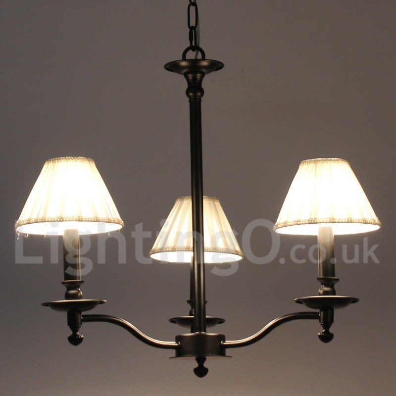 Lampadario a candela a 3 luci nero vintage con paralumi in tessuto
