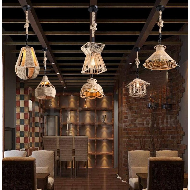 Lampada a sospensione rustica 1 luce in corda di canapa E27