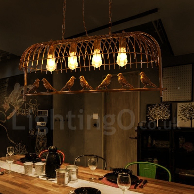 Lampadario a sospensione rustico a 4 luci con paralume in acciaio stile gabbia per uccelli retrò